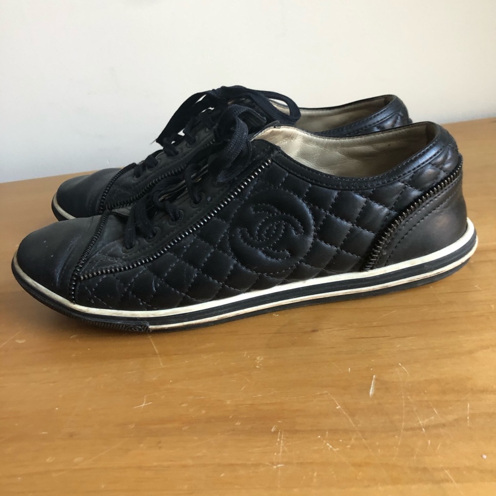 Chanel black quilted logo sneakers